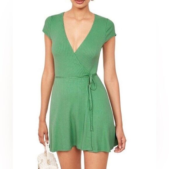 Reformation Green Ribbed Wrap Sundress Size S - Picture 3 of 8